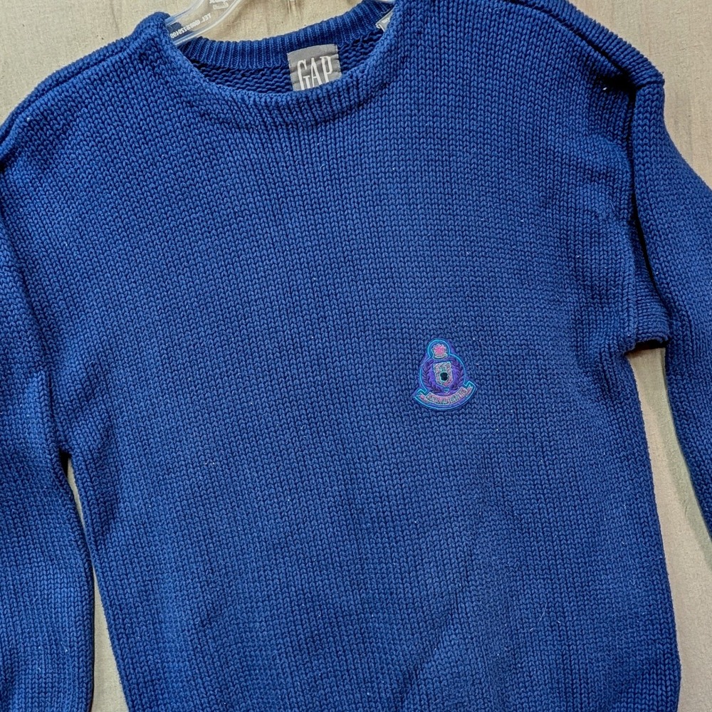 Vintage Gap Blue Chunky Knit Cotton Crest Patch Crewneck Sweater Mens Small